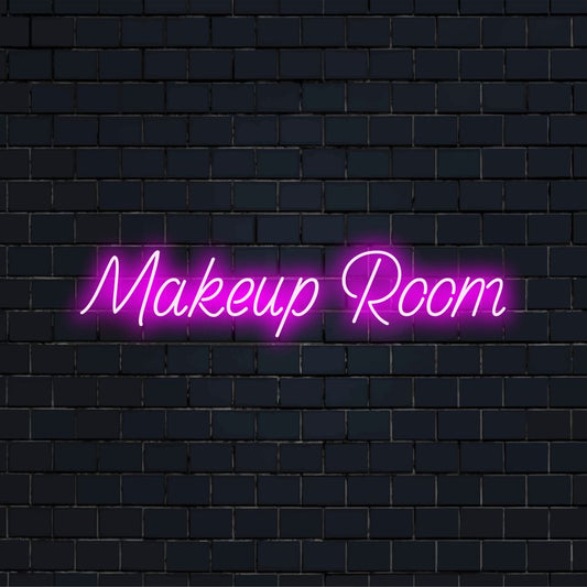 Makeup Room LED Neon Sign, glowing wall decor on dark brick wall