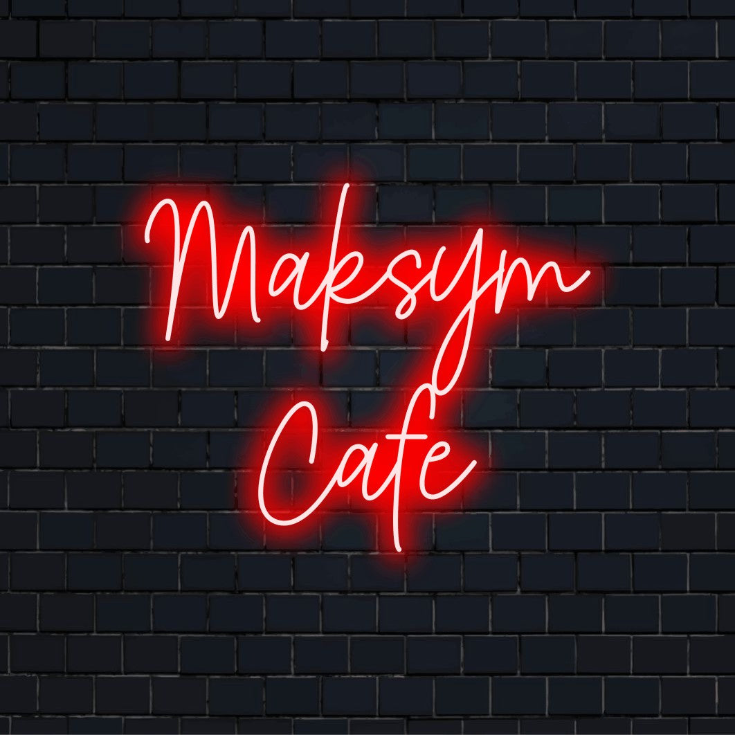 Maksym Cafe Personalized LED Neon Sign, soft neon glow on dark brick background