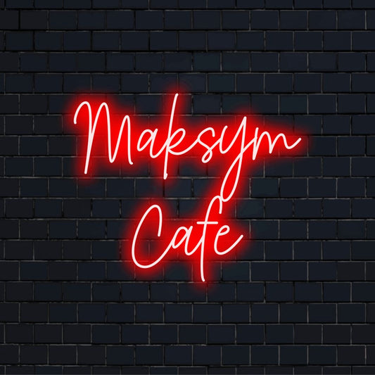 Maksym Cafe Personalized LED Neon Sign, soft neon glow on dark brick background