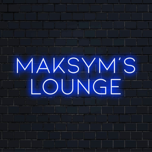 Maksym_s Lounge Custom Name Neon Sign, neon text light on black brick background