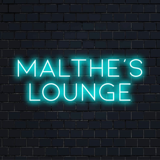 Malthe_s Lounge Personalized Neon Light with neon text light against brick backdrop