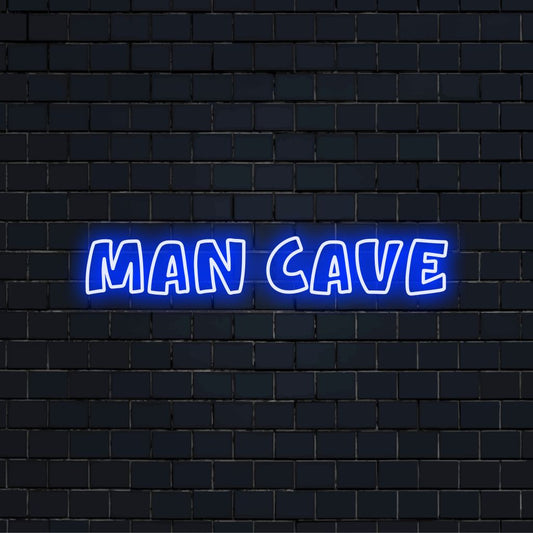 Man Cave LED Neon Sign, bright neon lettering on dark brick background