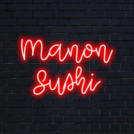 Manon Sushi Personalized LED Neon Sign, soft neon glow on black brick background