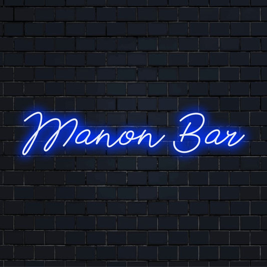 Manon Bar Custom Name Neon Sign, bright LED glow on black brick background