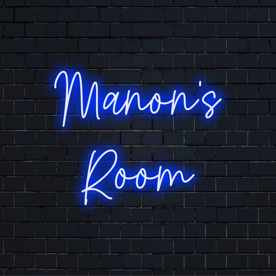Manon_s Room Custom Name Neon Sign, bright neon lettering on dark brick wall