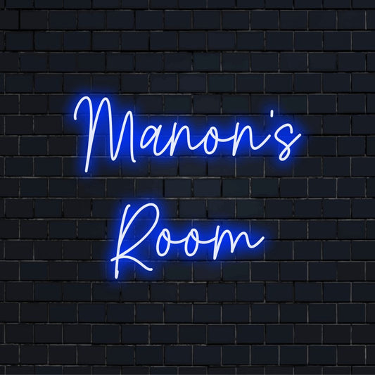Manon_s Room Custom Name Neon Sign, bright neon lettering on dark brick wall