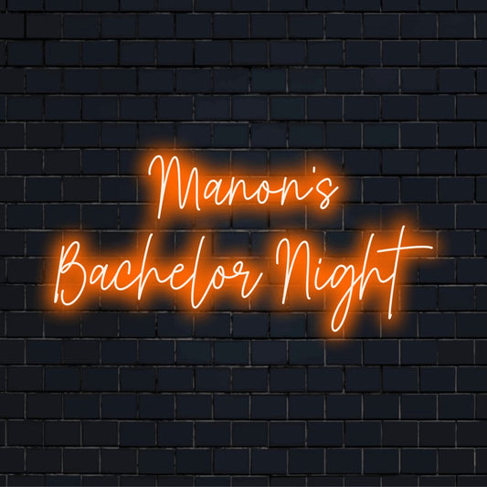 Manon_s Bachelor Night Personalized LED Neon Sign, glowing neon text on black brick background