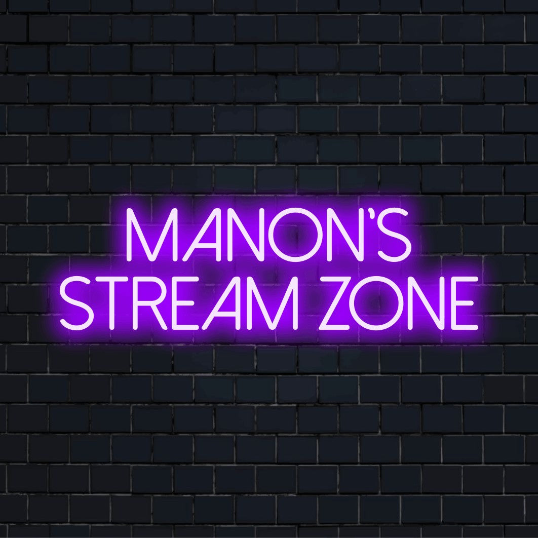 Manon_s Stream Zone Personalized LED Neon Sign, glowing wall decor on dark brick wall
