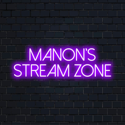 Manon_s Stream Zone Personalized LED Neon Sign, glowing wall decor on dark brick wall