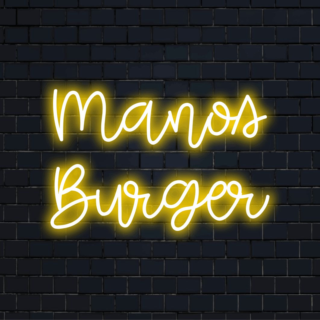 Manos Burger Custom Name Neon Sign, bright neon lettering on black brick background
