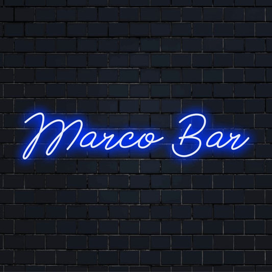 Marco Bar Personalized LED Neon Sign, bright neon glow on dark brick wall