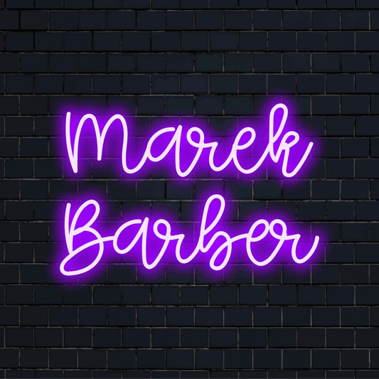 Marek Barber Custom Name Neon Sign, neon text light on dark brick background
