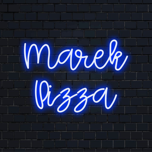 Marek Pizza Custom Name Neon Sign, glowing wall decor on black brick background