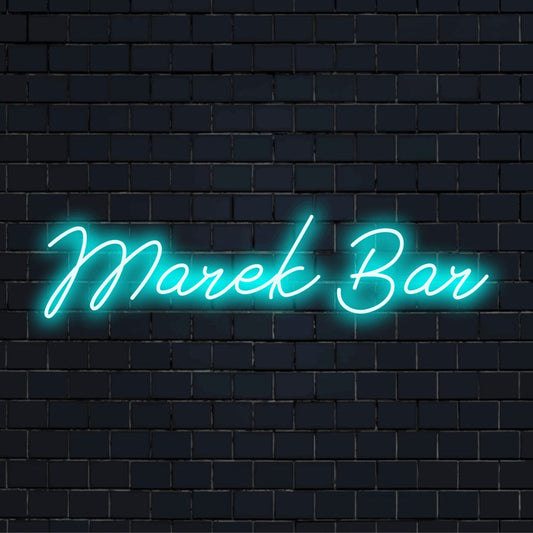 Marek Bar Personalized LED Neon Sign, bright neon lettering against brick backdrop