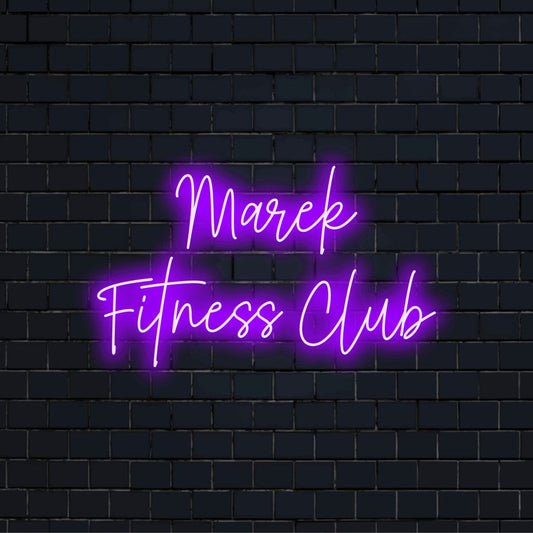 Marek Fitness Club Personalized Neon Light with glowing neon text against black brick wall