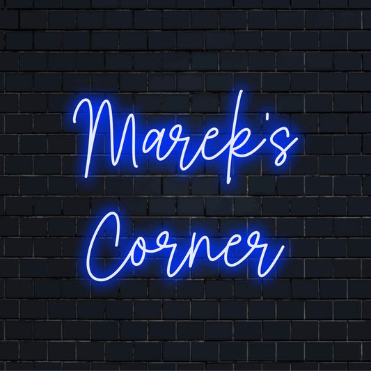 Marek_s Corner Personalized LED Neon Sign, glowing neon text against brick backdrop