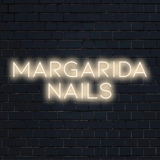 Margarida Nails Personalized LED Neon Sign, glowing wall decor on black brick background