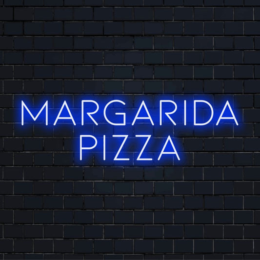 Margarida Pizza Personalized Neon Light with glowing lettering on black brick background