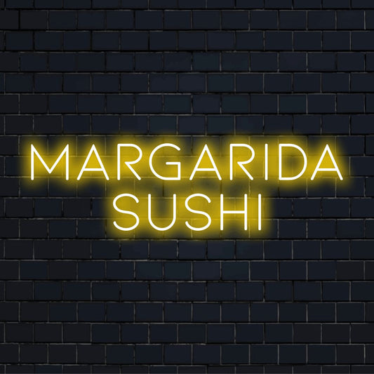 Margarida Sushi Personalized LED Neon Sign, glowing neon text on dark brick background
