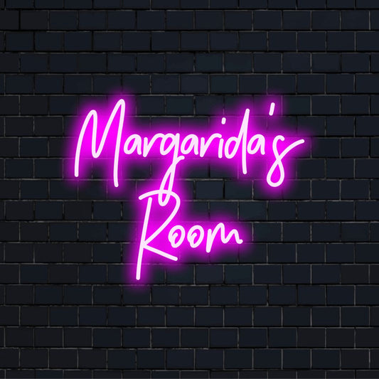 Margarida_s Room Custom Name Neon Sign, glowing lettering on black brick background