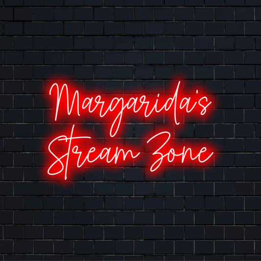 Margarida_s Stream Zone Custom Name Neon Sign, bright LED glow on dark brick background
