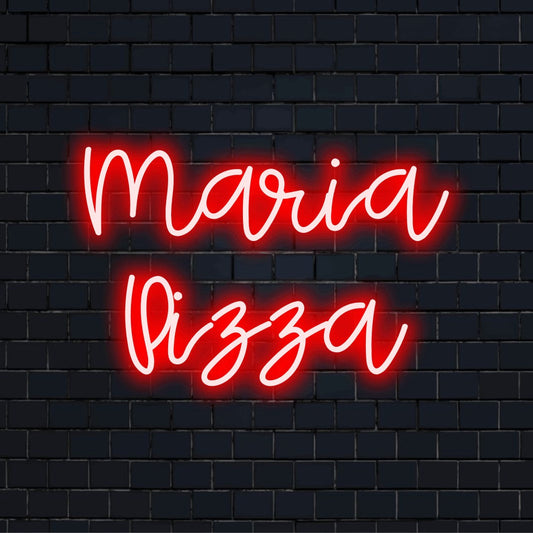 Maria Pizza Personalized Neon Light with bright neon glow against brick backdrop
