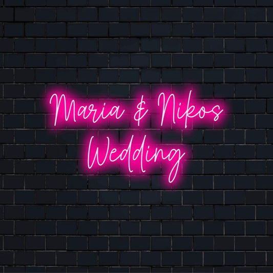 Maria _ Nikos Wedding Personalized LED Neon Sign, glowing wall decor on dark brick wall