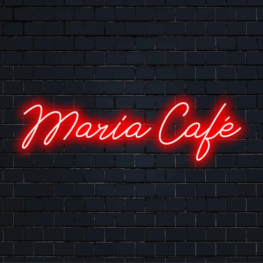 Maria Cafe Custom Name Neon Sign, soft neon glow against black brick wall