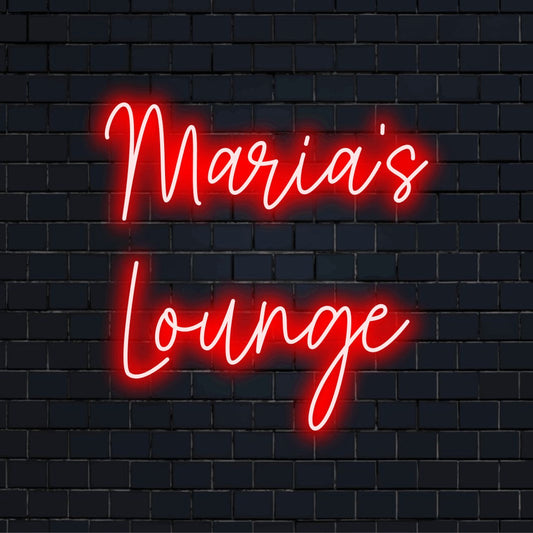 Maria_s Lounge Personalized LED Neon Sign, glowing lettering on dark brick wall