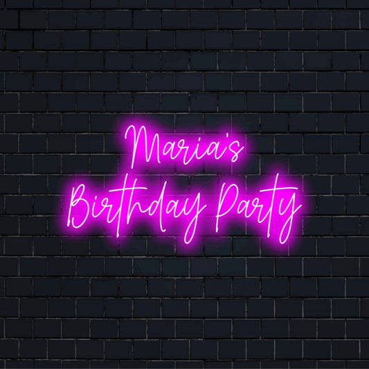 Maria_s Birthday Party Custom Name Neon Sign, bright neon lettering on dark brick background