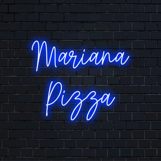 Mariana Pizza Personalized Neon Light with glowing lettering on dark brick wall