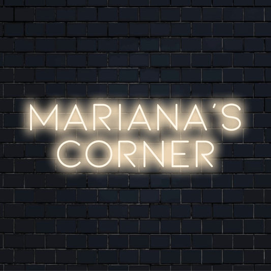 Mariana_s Corner Personalized Neon Light with neon text light on dark brick background