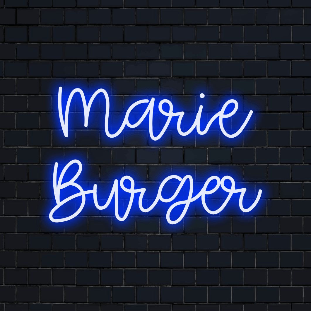 Marie Burger Personalized LED Neon Sign, soft neon glow on black brick background