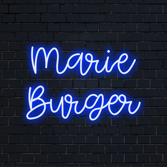Marie Burger Personalized LED Neon Sign, soft neon glow on black brick background