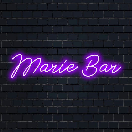 Marie Bar Personalized LED Neon Sign, bright neon lettering against black brick wall