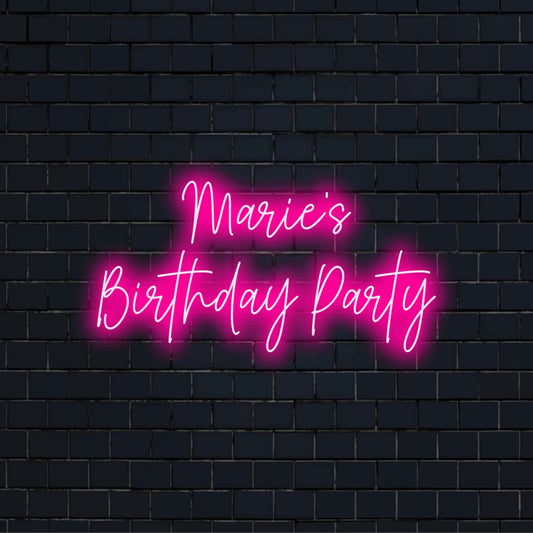 Marie_s Birthday Party Personalized Neon Light with bright LED glow on dark brick wall