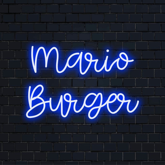 Mario Burger Personalized LED Neon Sign, glowing lettering on black brick background