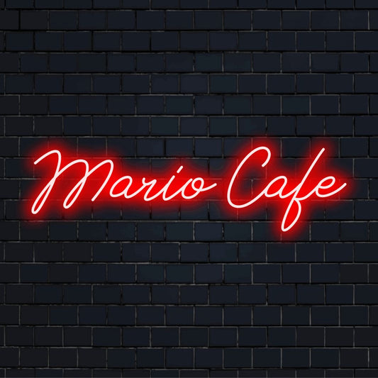 Mario Cafe Custom Name Neon Sign, glowing wall decor against brick backdrop
