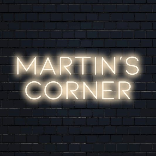 Martin_s Corner Personalized LED Neon Sign, glowing lettering on dark brick background