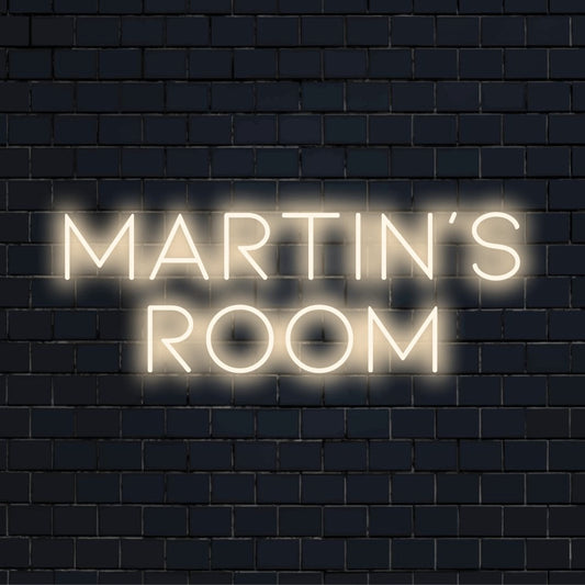 Martin_s Room Personalized LED Neon Sign, bright LED glow on dark brick wall