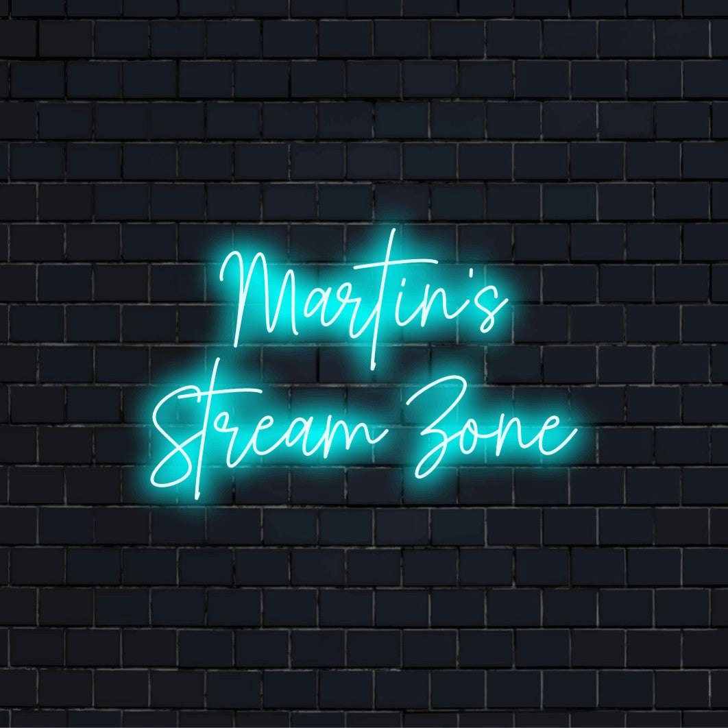 Martin_s Stream Zone Personalized LED Neon Sign, bright LED glow on dark brick background