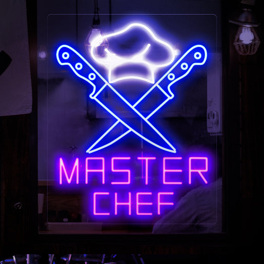A captivating master chef neon sign, adding a touch of culinary inspiration to any space with its vibrant and dynamic light. Perfect for culinary enthusiasts and food-themed decor.