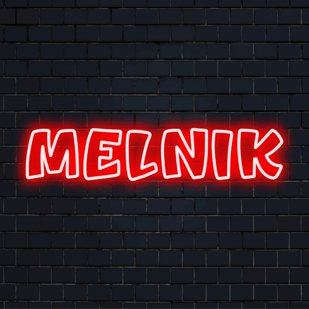 Melnik Neon Sign, glowing lettering on dark brick background