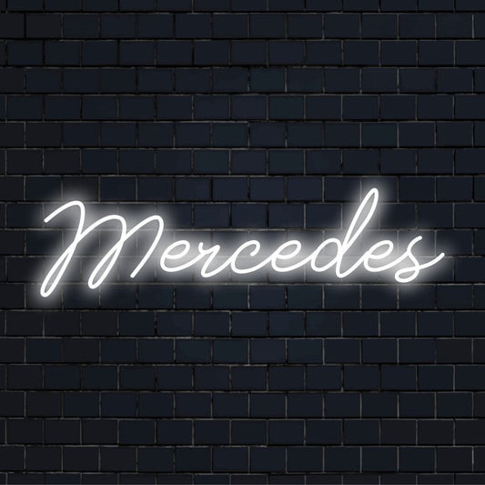 Mercedes LED Neon Sign, bright neon lettering on dark brick background
