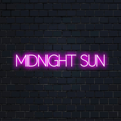 Midnight Sun Neon Light with soft neon glow on dark brick wall