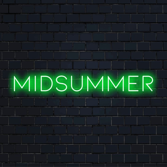 Midsummer Neon Sign, soft neon glow on dark brick background