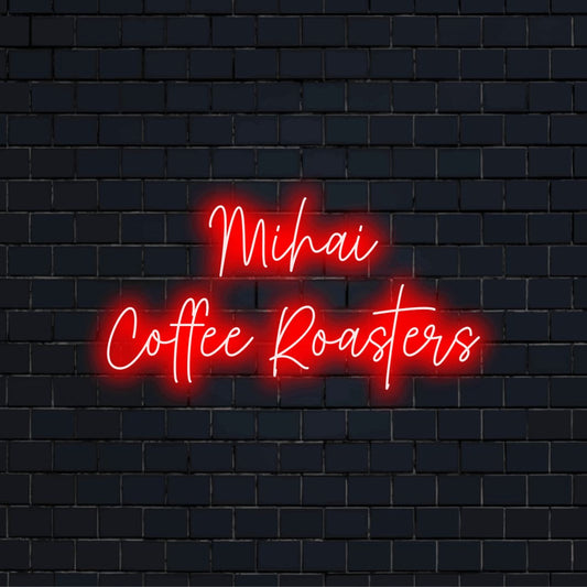 Mihai Coffee Roasters Custom Name Neon Sign, soft neon glow on dark brick wall
