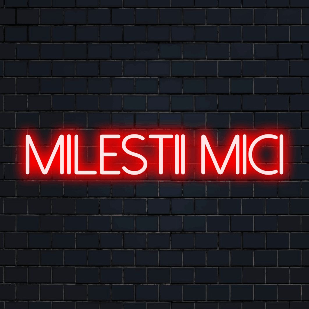 Milestii Mici LED Neon Sign, soft neon glow against brick backdrop