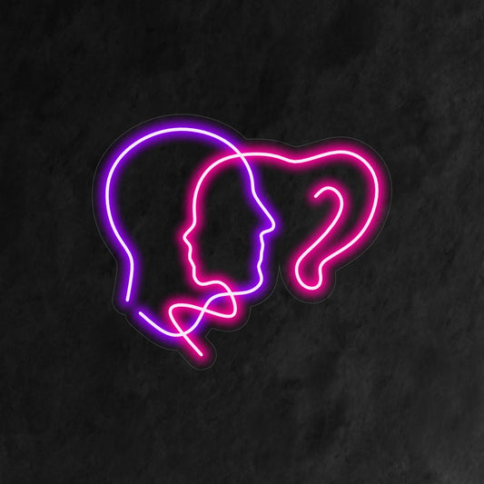 A minimalist couple portrait neon sign with interlocking male and female faces.