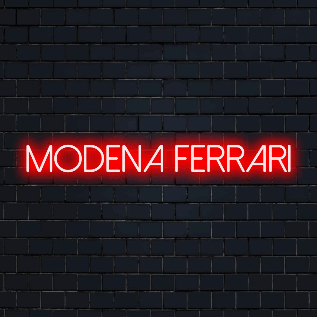 Modena Ferrari Neon Sign, glowing neon text on dark brick background